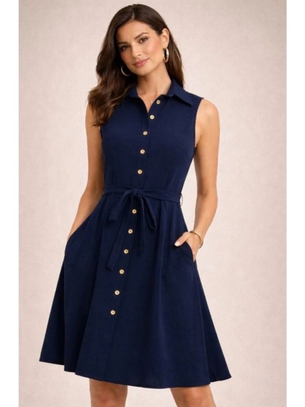 Sharagano Navy Blue Button Front Collared Fit & Flare Dress Tie Belt Pockets 12